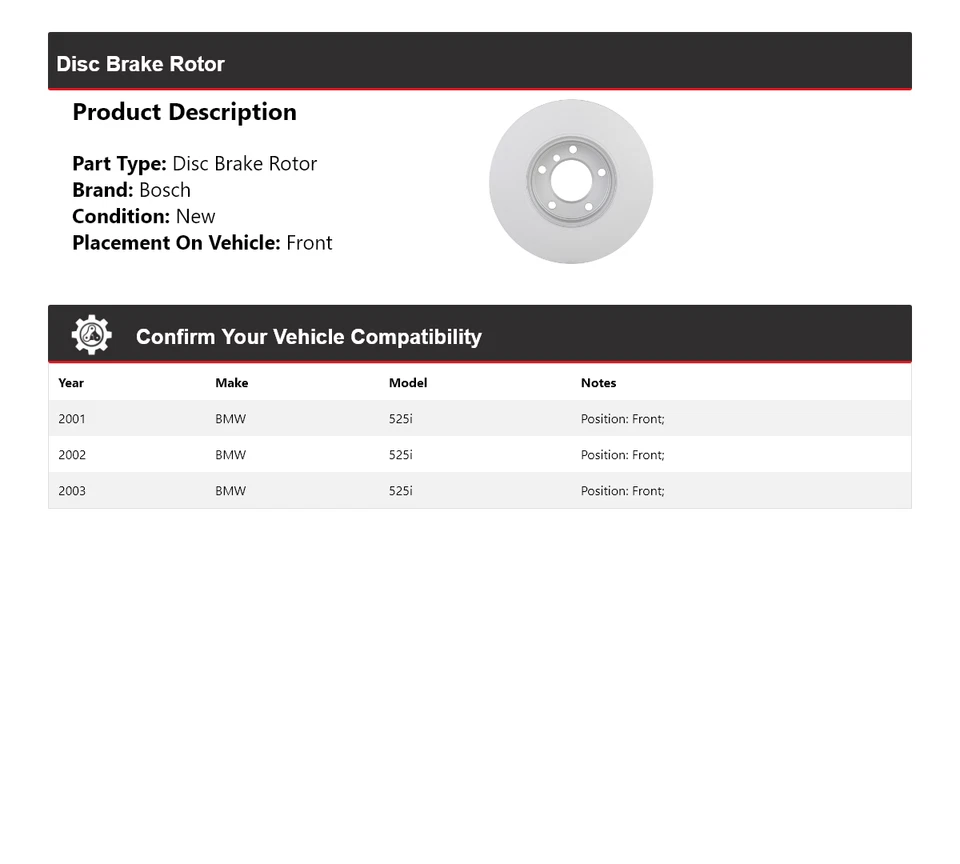 Rotor de freno de disco delantero para BMW 525i Bosch QuietCast 2001-2003 2002 Foto 2 de 4