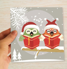 Cute Owls Christmas Card Carol Singing Owls suit Friends Neighbours Couple Boss