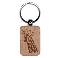 Giraffe Face Engraved Wood Rectangle Keychain Tag Charm
