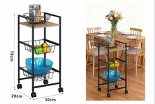 Carrello Cucina Multiuso 3 Livelli con Cesti e Ruote 30x29x70cm Nero e Legno