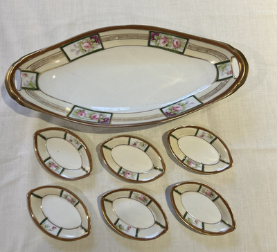 Vintage Nippon Hand Painted Celery Dish w/ 6 Salt Dishes Floral / Gold Rim