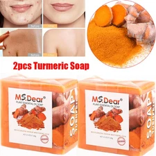 2xTumeric Soap Skin Whitening Dark Spots lightening Acne Bath Essential Oil Soap