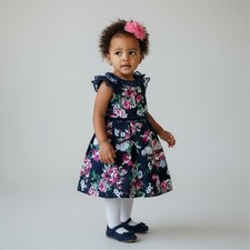 Janie and Jack Toddler Chiffon Ruffle Puffy Navy Blue and Pink Floral Dress 2T