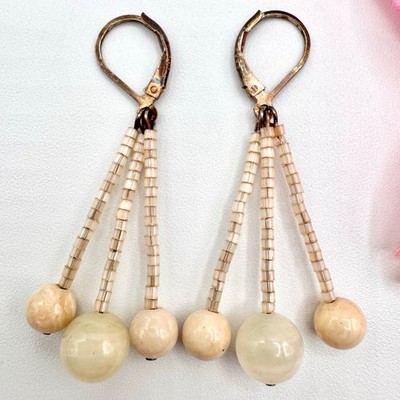 Vintage Shades Of Ivory Beaded Stone Silver Leverback Earrings Festival Boho