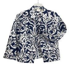 Chico's Blazer Jacket Womens 0 Blue White Ikat Tribal Snap Front Rhinestone