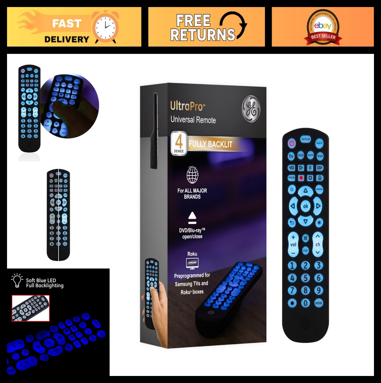 Universal Backlit Remote Control for Smart TVs, Blu-Ray, DVD