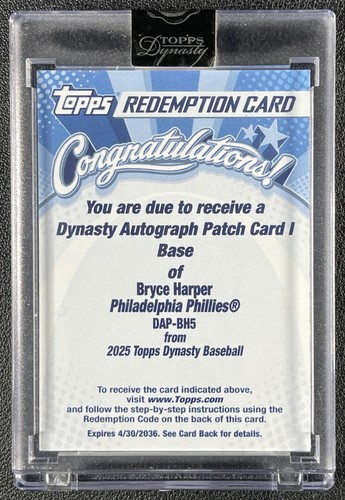 BRYCE HARPER 2025 TOPPS DYNASTY #DAP-BH5 GAME-USED PATCH AUTO /10 B