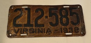 1938 Virginia tag-Garage / Man cave Decor