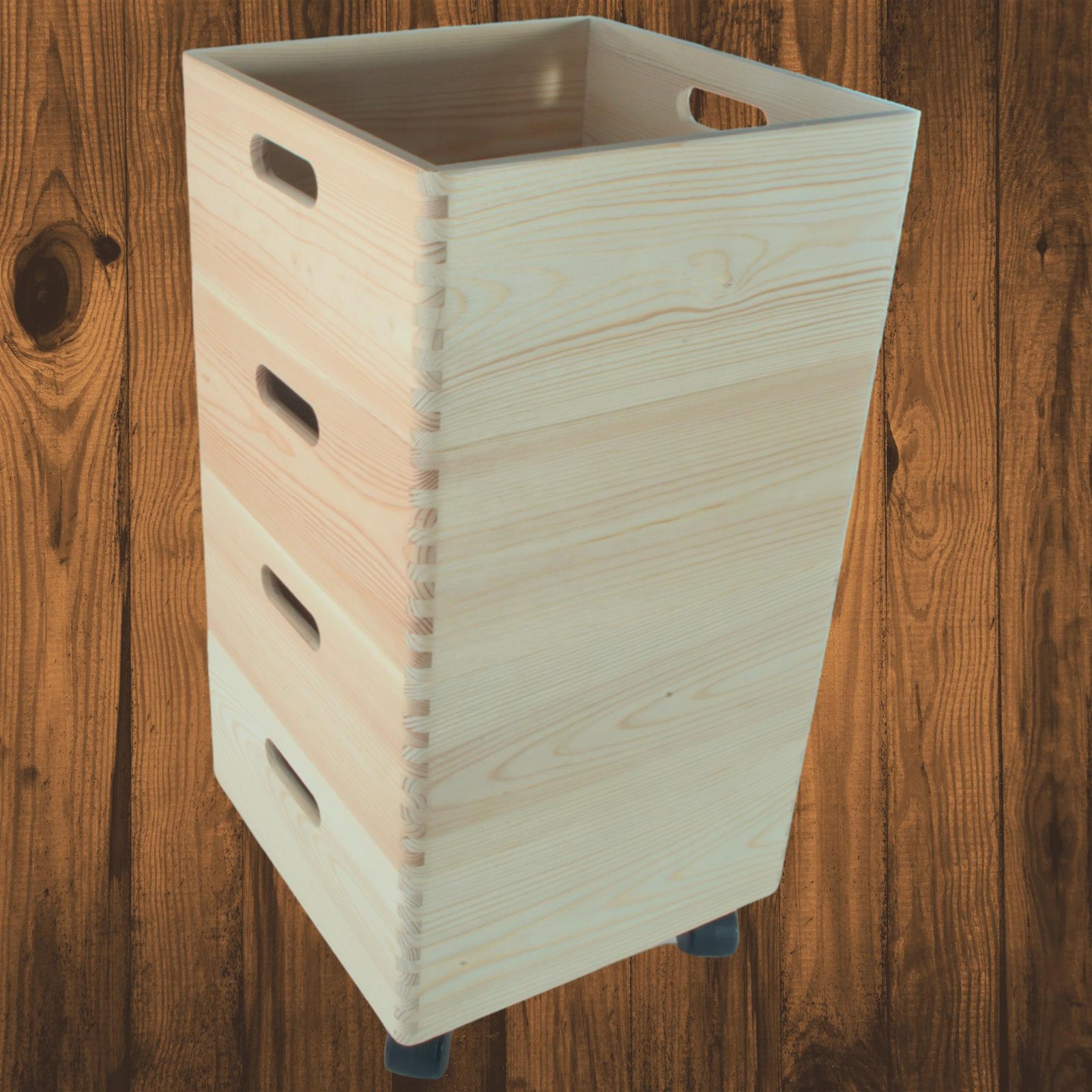 4 Tier Square Pine Storage Crate Stack with Wheels Wooden Box Set 30x30x57.5 cm