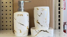 3 Piece Bathroom Accessories Set Ceramic Glossy White With golden marble Texture
