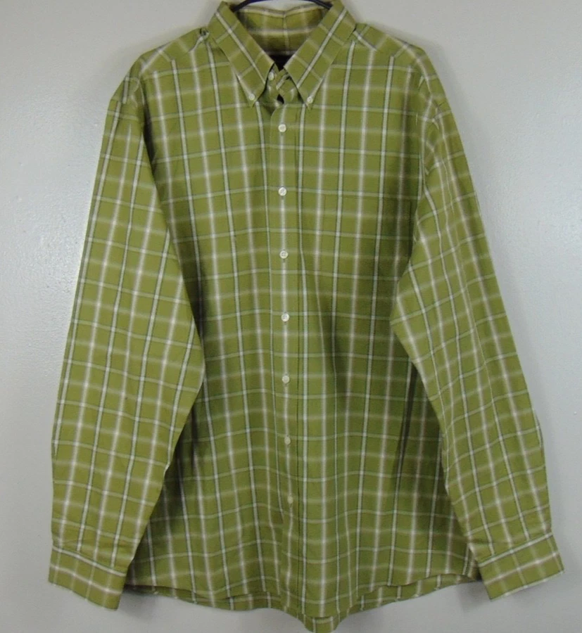 Eddie Bauer Mens XL Tall Green Plaid Wrinkle Resistant Relaxed Fit Cotton Shirt