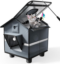 Outdoor Cat House with Raised Base  Toy Included, Weatherproof Feral Cat Shelte