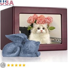 Pet Memorial Urn W/ Resin Cat Figurine Keepsake Ashes Beautiful Wooden Box New