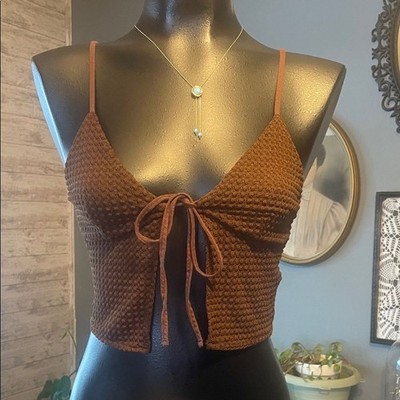 Divided Brown Textured Tie-Front Crop Top