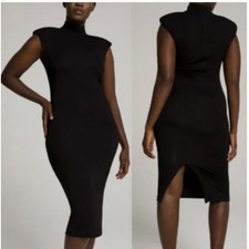 Good American Power Mock Neck Bodycon Midi Dress Black Side Slit Womens Sm