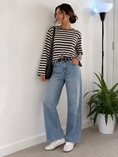 Chalk Stripe Breton Top One Size Black Cream Cotton Stretch Boat Neck Size 08