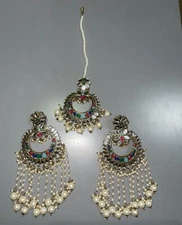 Multi-color Mirror Earrings With Tikka 