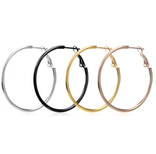 Rose Gold Black Silver Stainless Steel Simple Round Hoop Earrings Swivel Clasp