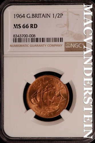 Great Britian: 1964 One Half Penny-NGC MS 66 RD Brilliant Unc Top Pop #SLG147