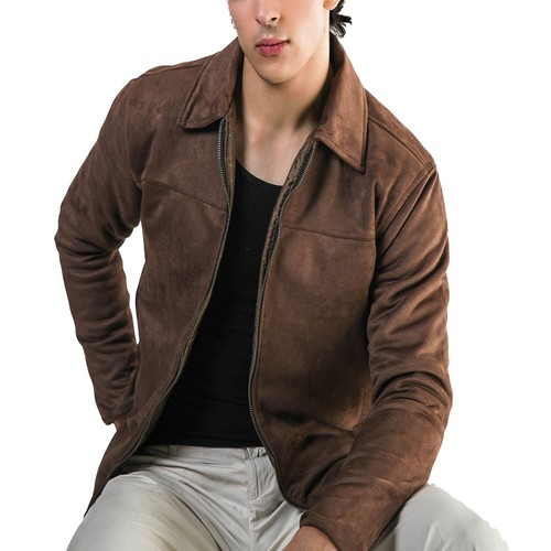 Mens Brown Suede Leather Trucker Classic Retro Vintage Bomber Stylish Jacket - Picture 11 of 14