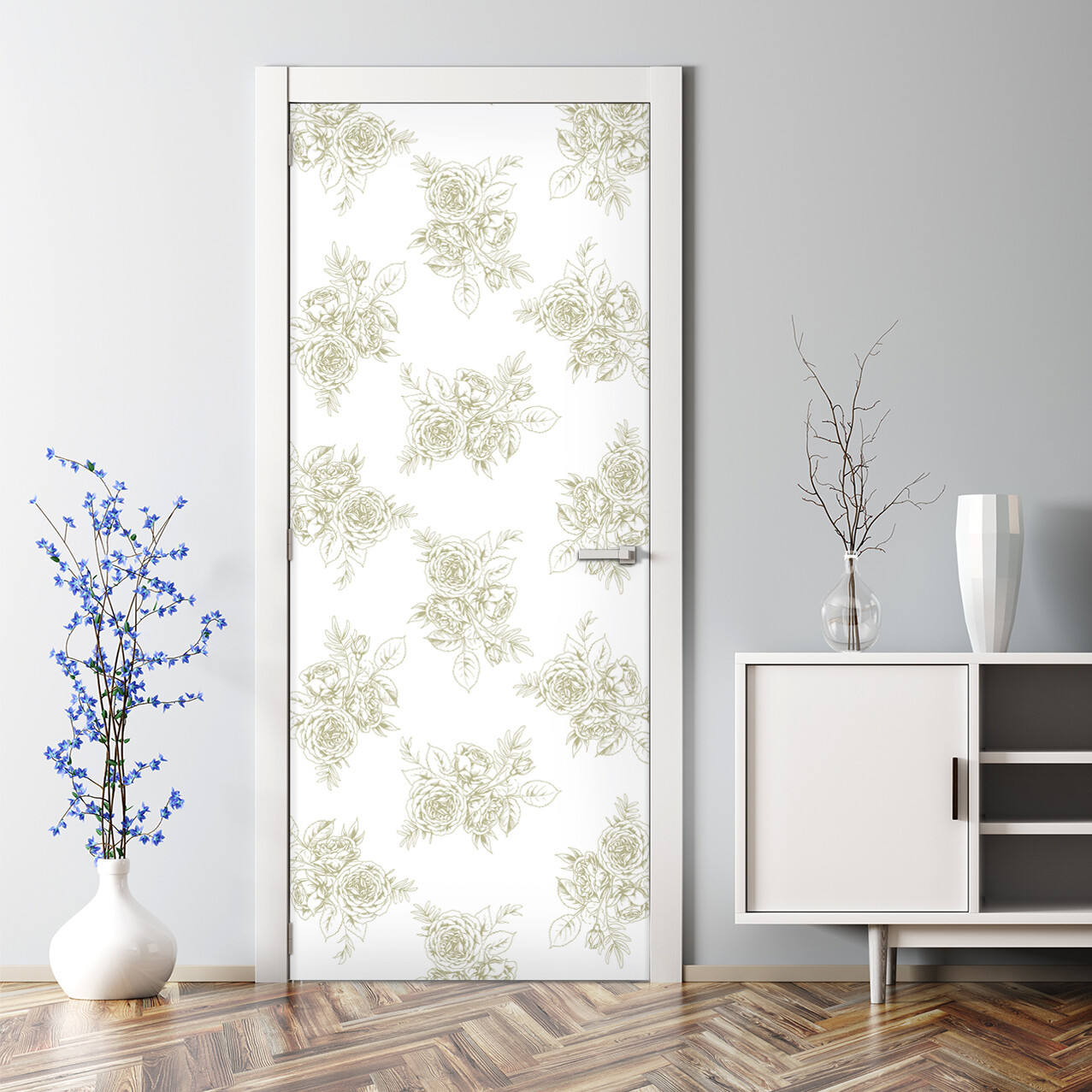 French floral style Bubble Free Door sticker golden and white Decal temporary