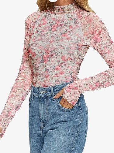 Floral Mesh Mockneck Long Sleeve Shirts for Women with Thumb Hole Fall Outfits - Picture 11 of 18