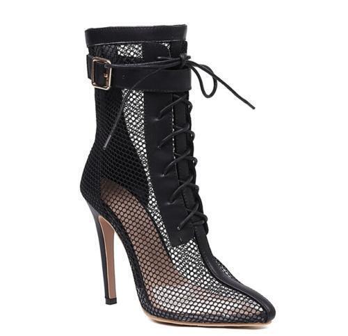 Para mujeres Hebilla Correa Tacones de aguja Tacón alto Fiesta Botines Malla Zapatos - Imagen 3 de 11