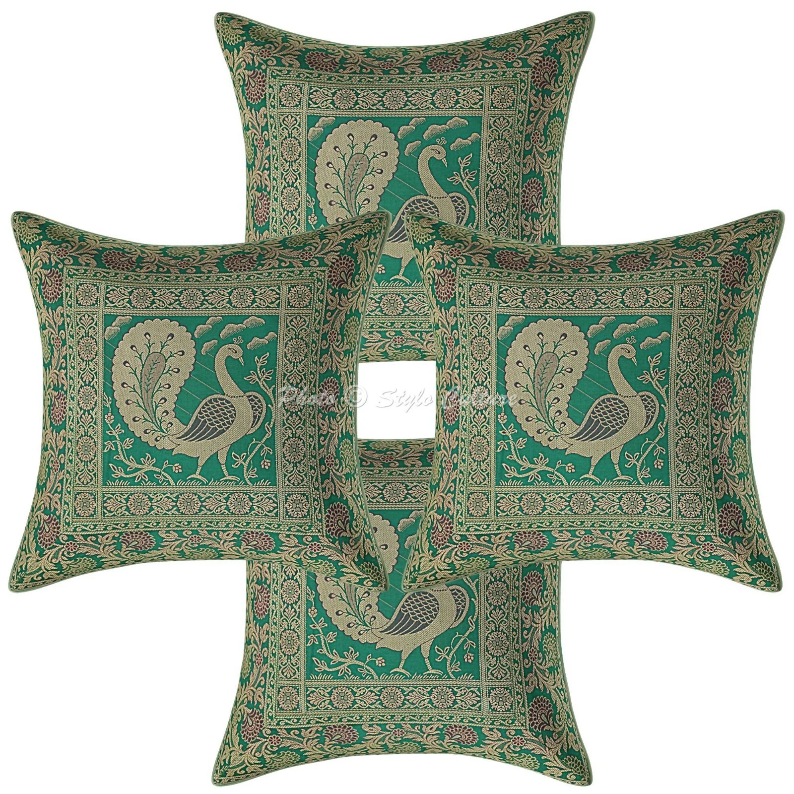 Ethnic Throw Pillow Covers 16x16 Brocade Green Peacock Decorative 40x40 cm