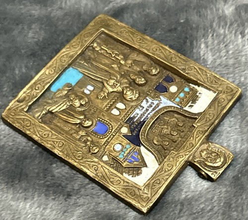 Russische Bronze Ikone Gottesmutter zum heiligen Sergius mit 4 Farben Emaille 19. Jahrhundert. - Bild 10 von 13