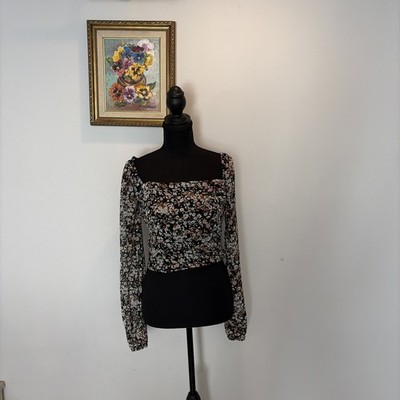 Lulus Floral Top Blouse Long Sheer Sleeve Ruched Boho Date Romantic