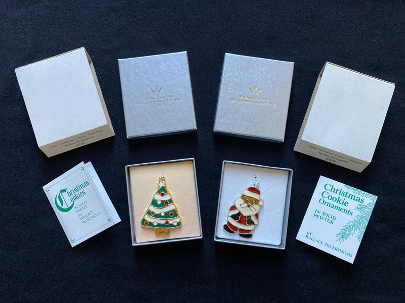 Wallace Silversmiths Enameled Christmas Cookie Ornament - Lot of 2 - Santa, Tree