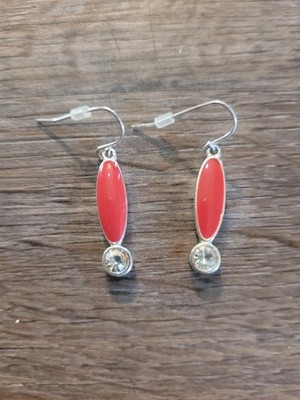 Silvertone Red Enamel and Rhinestone Dangle Drop Earrings for Pierced Ears