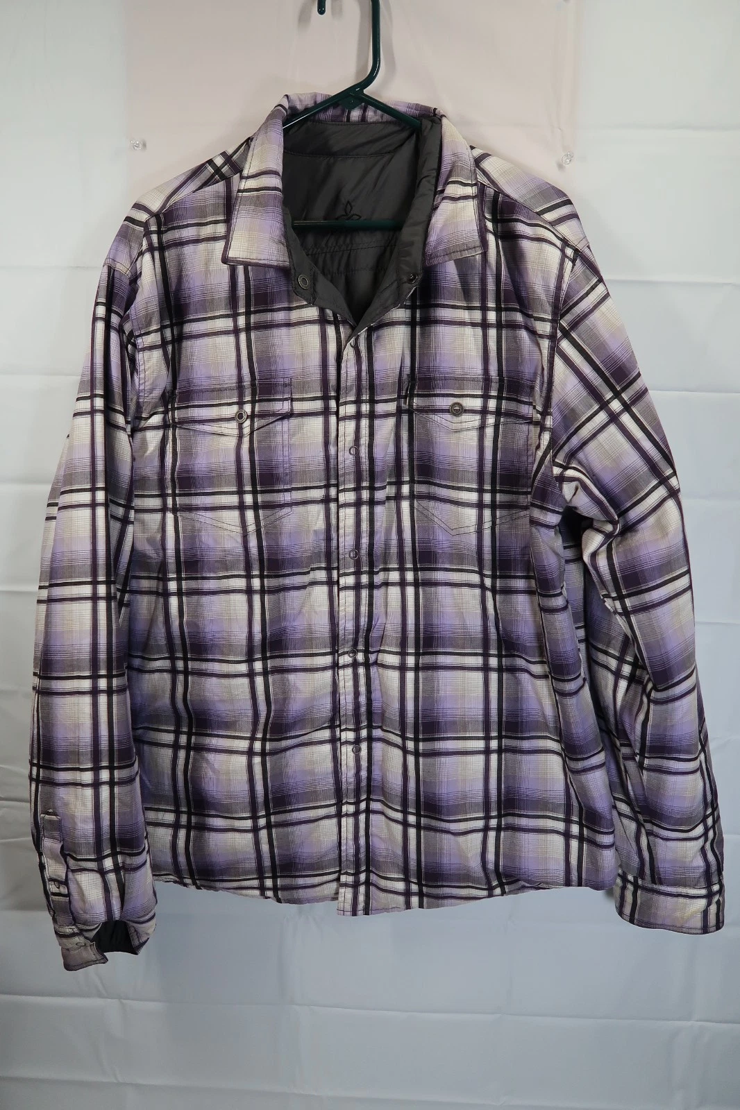 prAna Jacket Mens Size XL Reversible Plaid/Gray Snap Button Puffer Warm