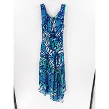 Evan Picone Blue Butterfly Print Midi Dress Sleeveless Chiffon Fit Flare Women 8