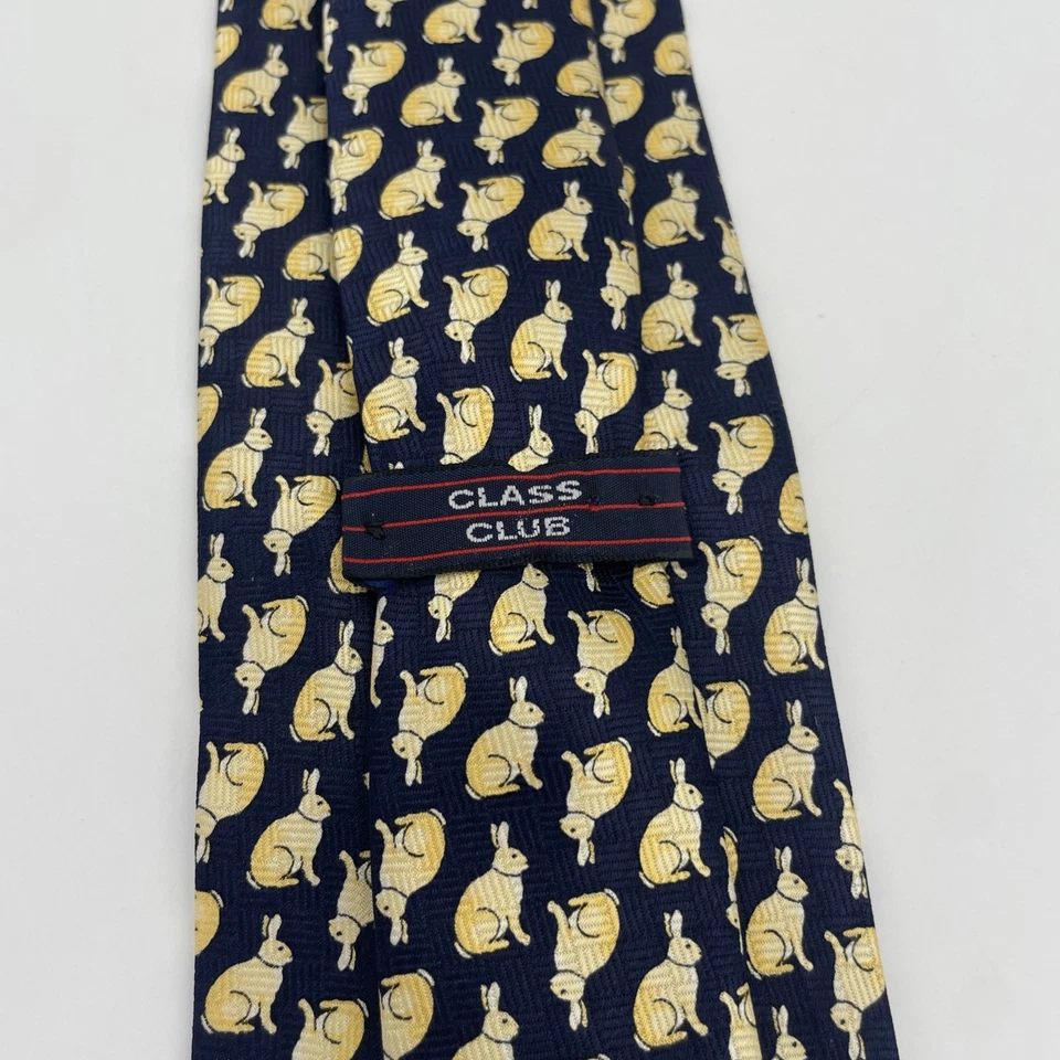 Vtg Class Club Tie Mens 51 in Silk Navy Gold Yellow Rabbit Bunny-Eclectic G’pa - Image 2 of 4
