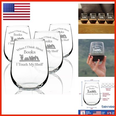 Bevvee When I Think About Books Wine Glass 17 oz Set of 4