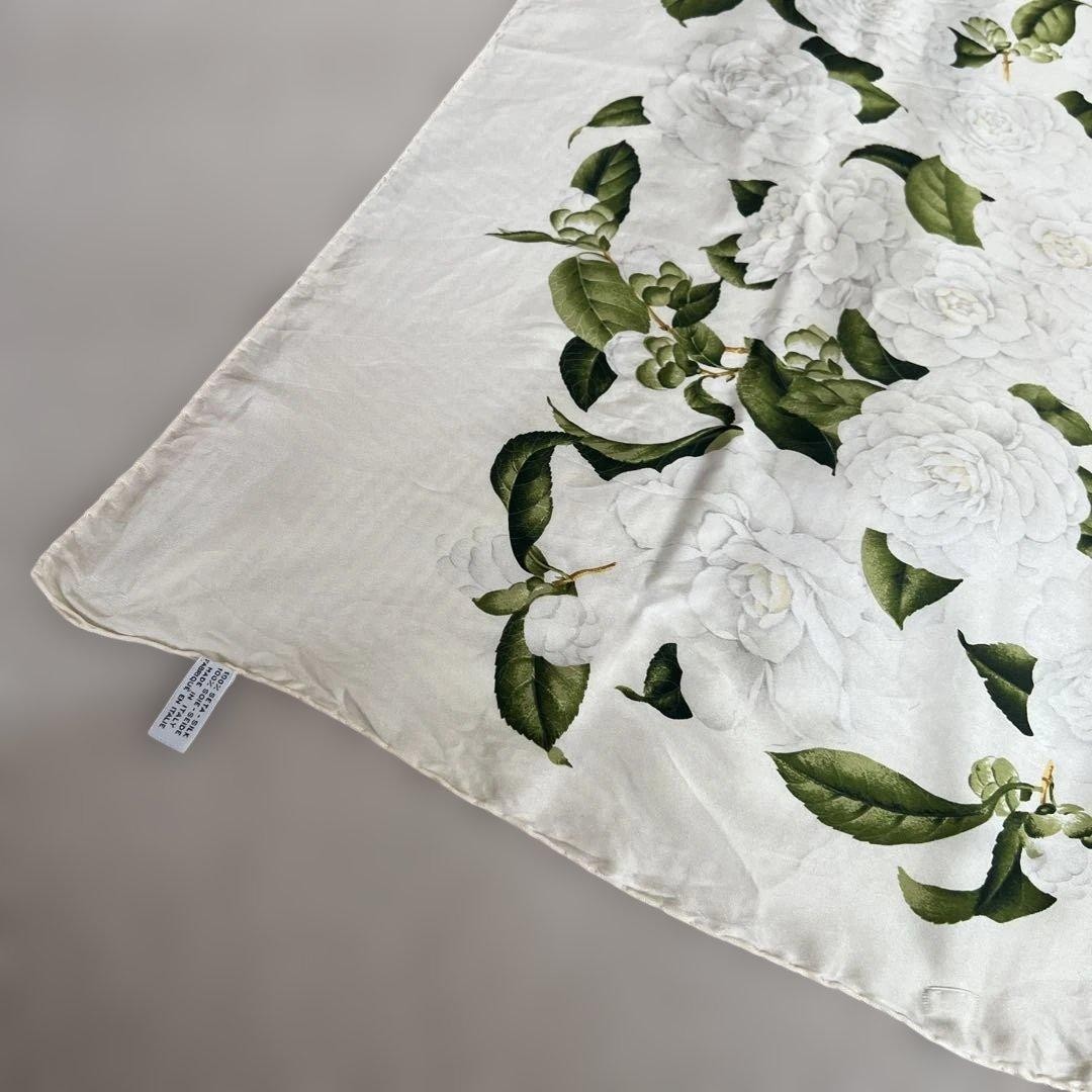 CHANEL Floral pattern Silk Scarf White Green about 33.46 x 33.46