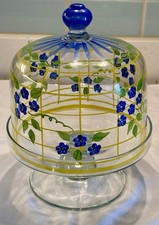 Cake Stand Hand Painted Floral Dome With Clear Pedestal Stand 7.5  Sweets Cheese