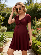 Maternity Dress Burgundy Short Sleeve V-Neck Ruched Pregnancy Gown