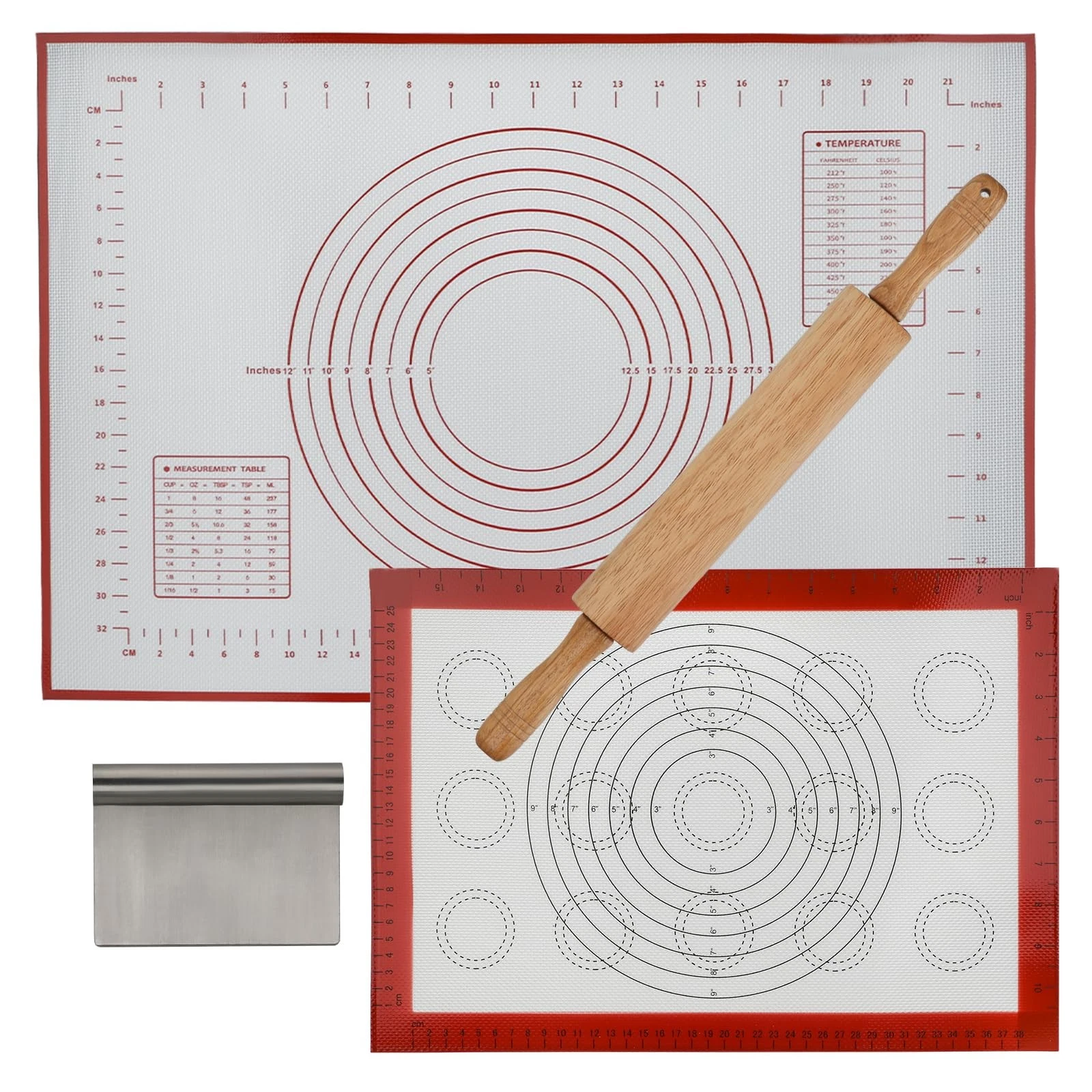 Wood Rolling Pin 17.8 Inch for Dough with Pastry Scraper/Cutter & 2 PCS Heat-...