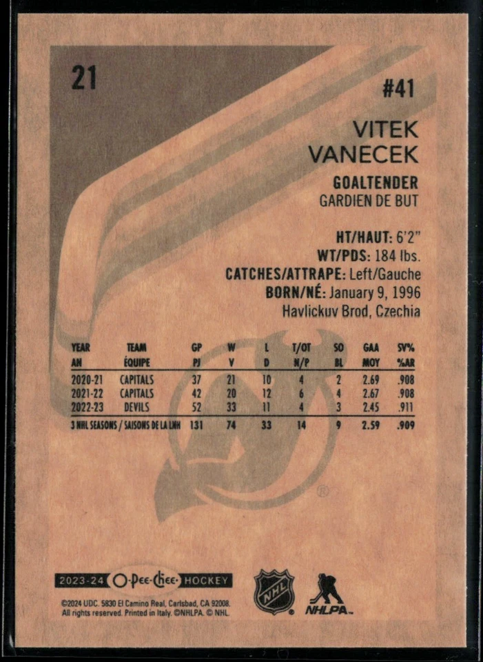 2023-24 O-Pee-Chee Retro #21 Vitek Vanecek - Image 2 of 2