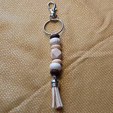 Handmade Beaded Keychain with Tassel in Neutral Colors