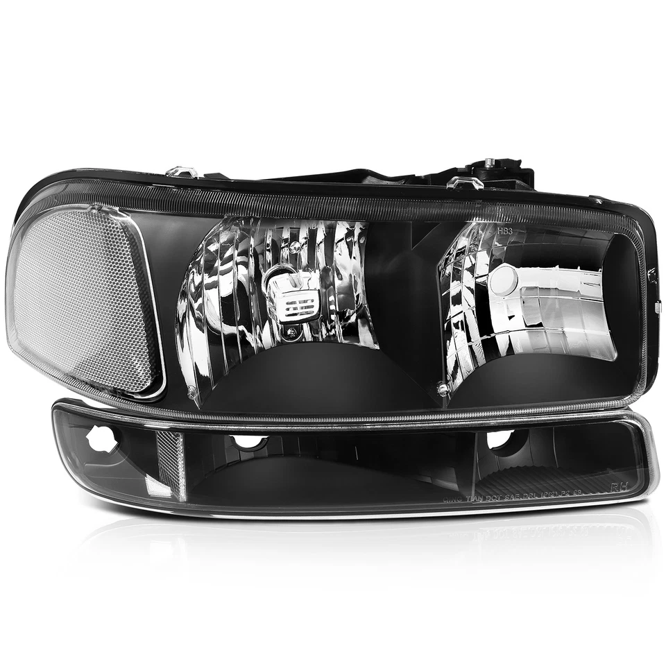Fits 1999-2006 GMC Sierra Yukon Headlight Assembly Black Housing Left+Right Pair - Image 3 of 4