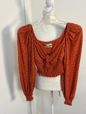 Urban Outfitters Rust Orange Long Sleeve Crop Top with Shirred Waist Small
