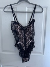 Vintage Lingerie Teddy L vintage pink black lace usa eliss bar