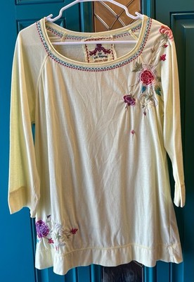 JW Los Angeles Johnny Was Embroidered Floral Top Sz M Yellow Boho No Size Tag