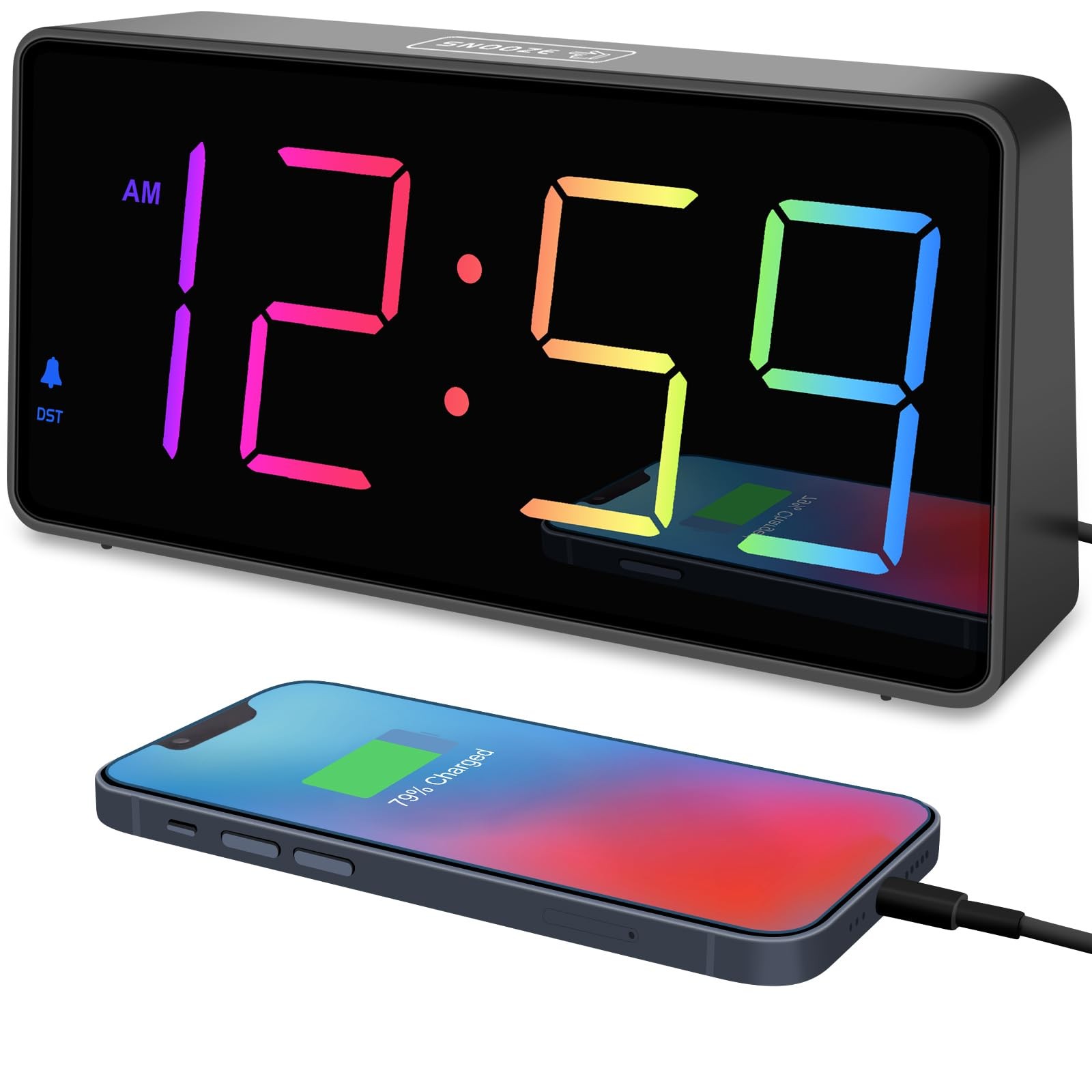 Loud Digital Alarm Clock RGB Color Changing Large LED Big Numbers USB