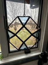 VTG Stained Glass And Brass  Blue Pink Suncatcher 6.5” Octagon Window Decor