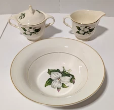 American Limoges Vtg. Trillium Bowl & Cream/Sugar Bowls, 22k Gold Trim, Lot of 3