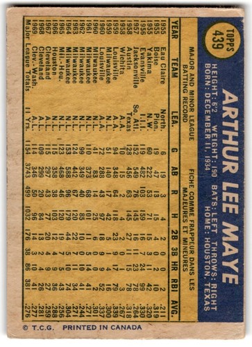 1970 O-Pee-Chee Lee Maye #439 Washington Senators - Picture 2 of 2